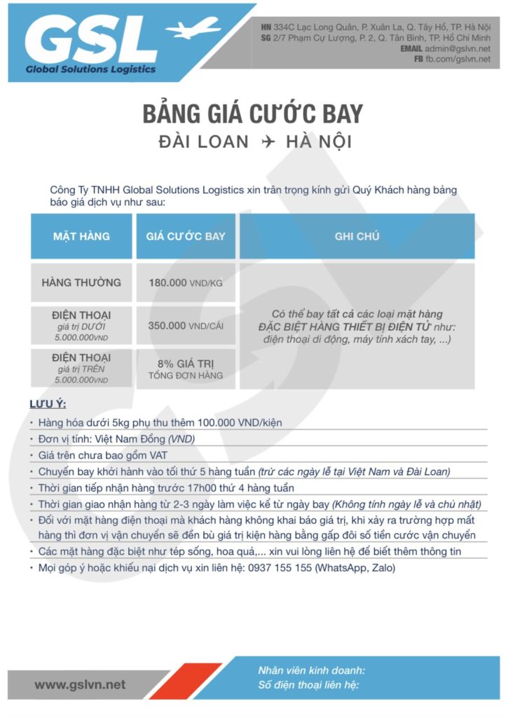 Cước phí gửi hàng từ Đài Loan về Việt Nam